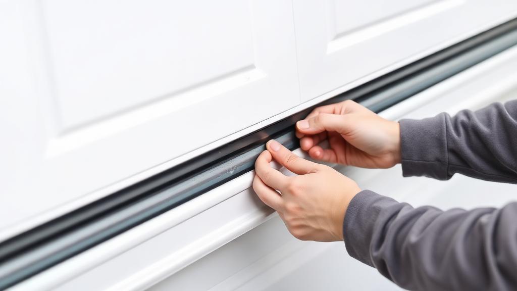 Professional technician installing weatherstripping on a white garage door