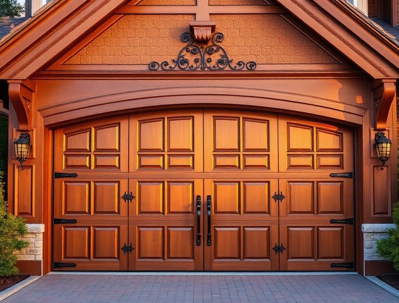 Victorian style wooden garage door with ornate iron hardware