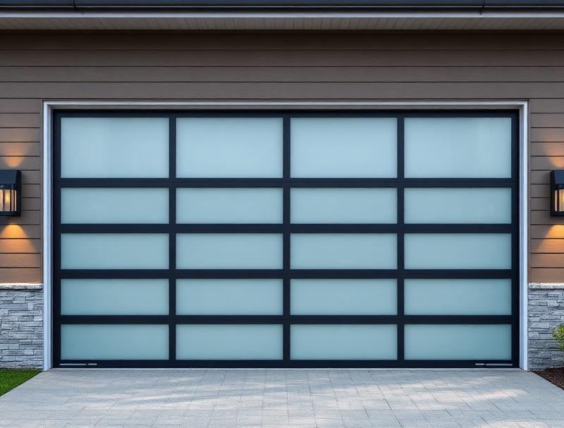 Modern insulated aluminum garage door with frosted glass panels