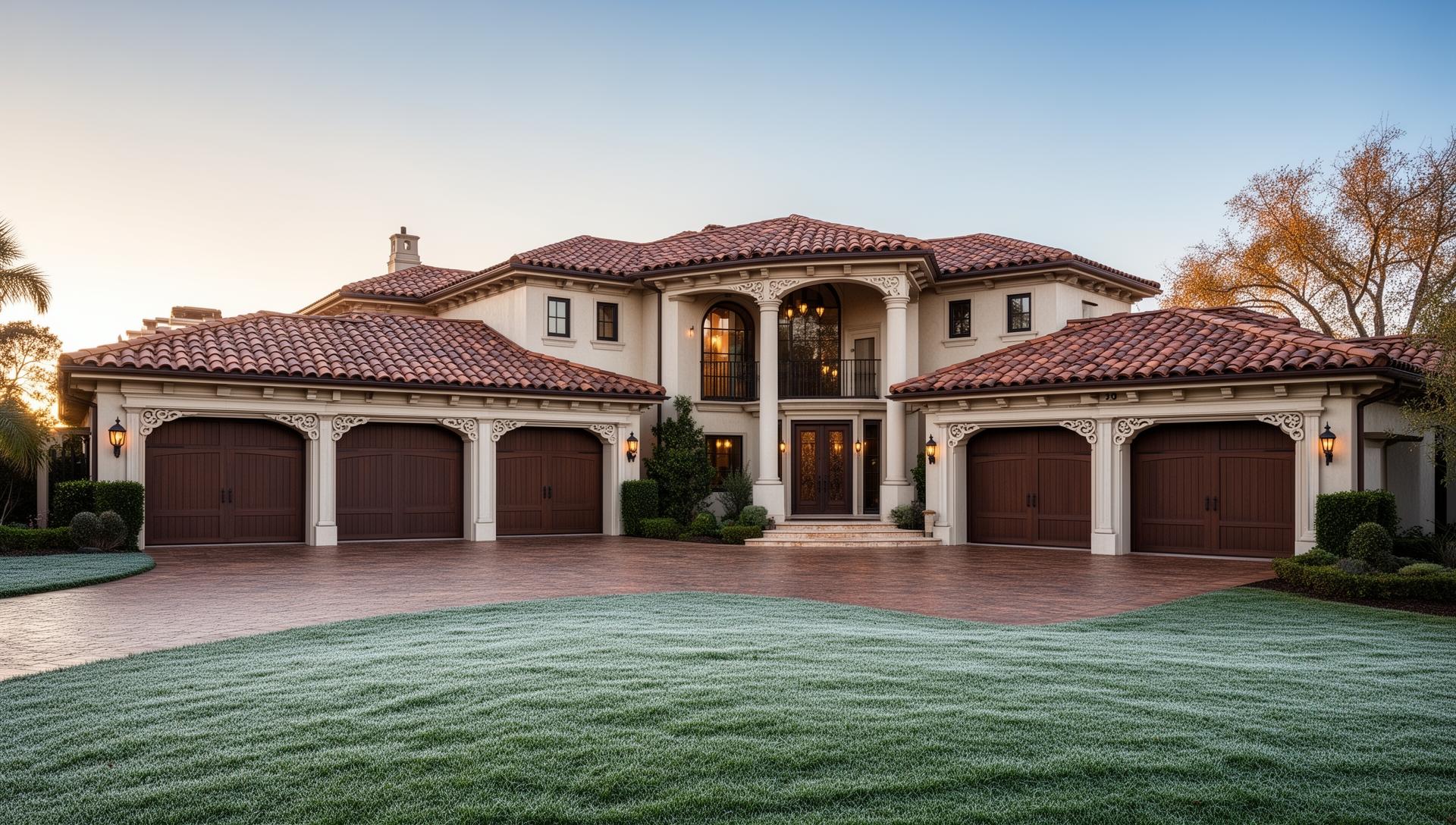 Luxury Mediterranean villa with Victorian style garage doors featuring ornate trim details