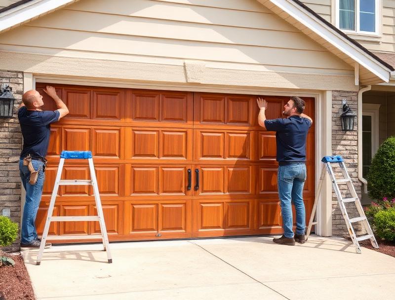 Professional technician installing a new residential garage door with precision tools