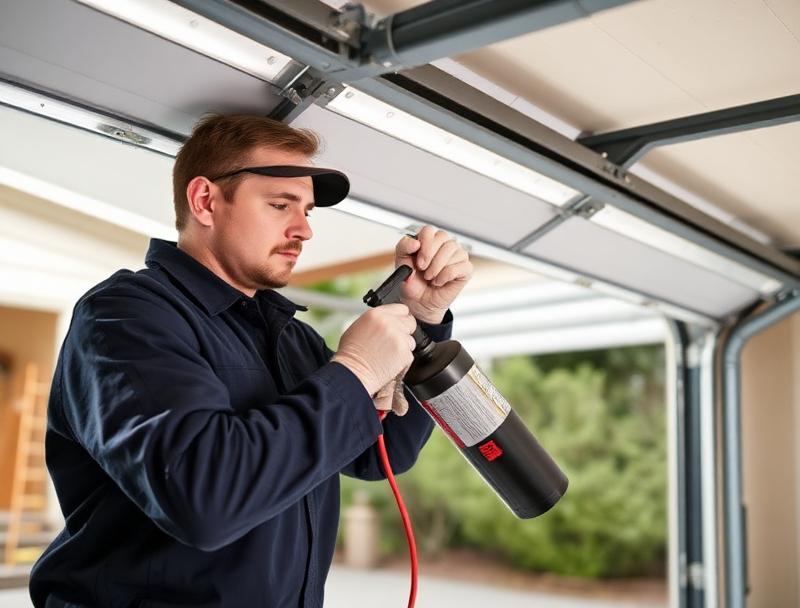 Technician performing preventive maintenance inspection on garage door